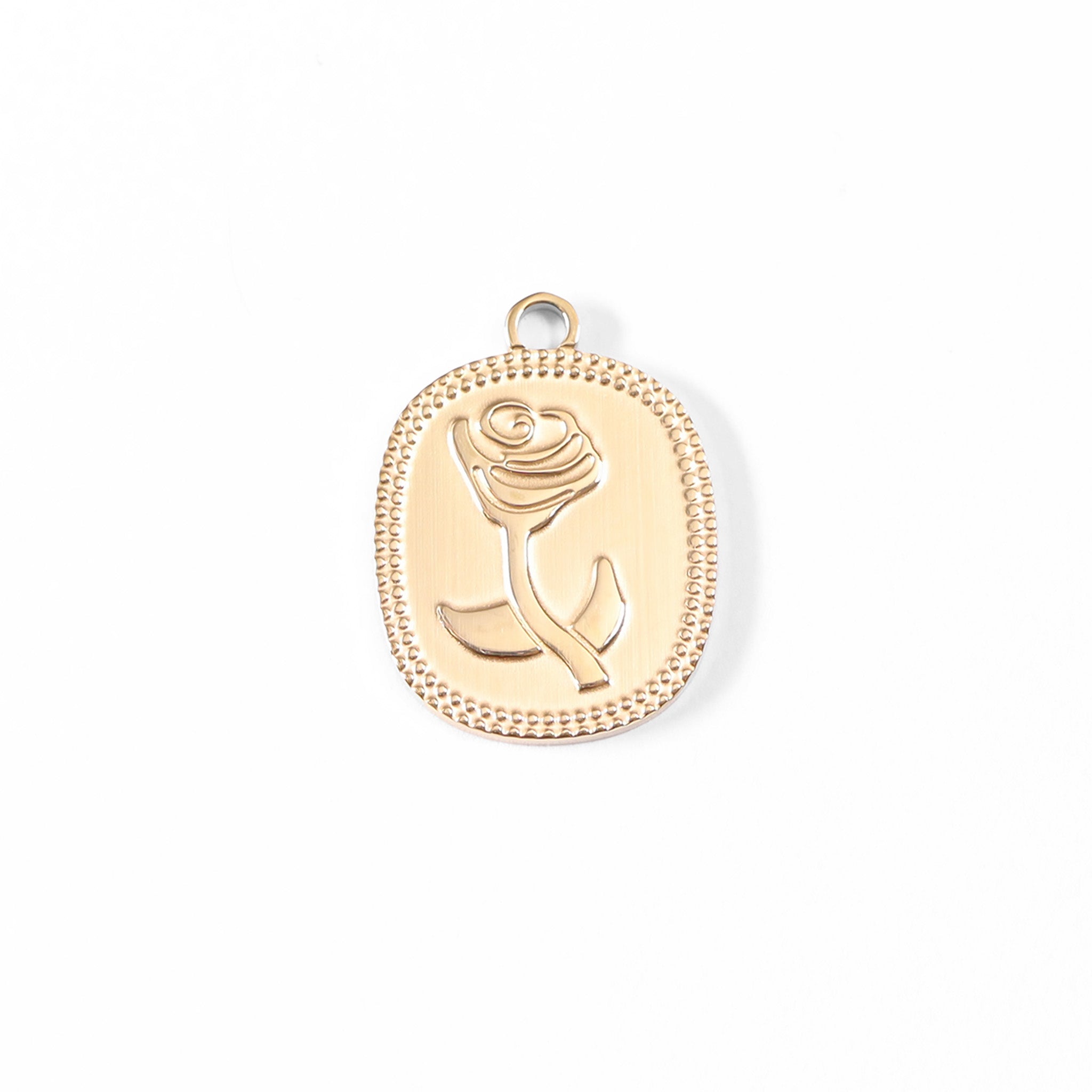 18K Gold Rose Charm – Waterproof Stainless Steel Rectangle Pendant, Hypoallergenic Jewelry