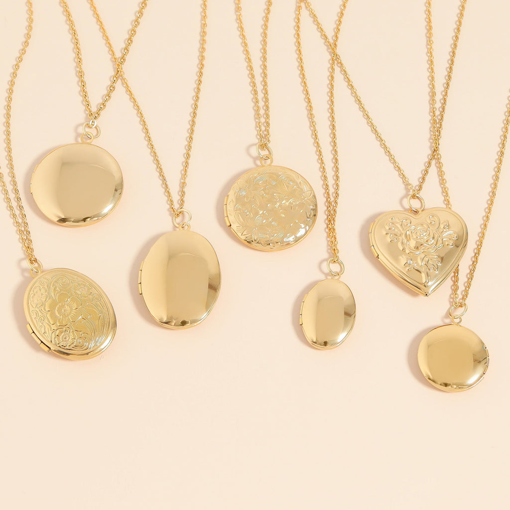 Gold Stainless Steel Locket Set – Heart Shaped, Vintage Oval & Minimalist Round Necklace