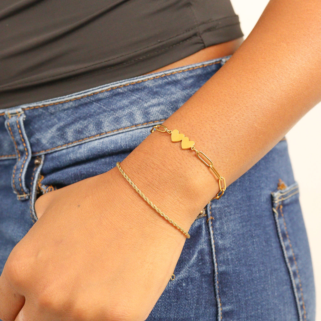 Engraved Heart Bracelet | 18K Gold Over Steel Paperclip Two Heart Chain