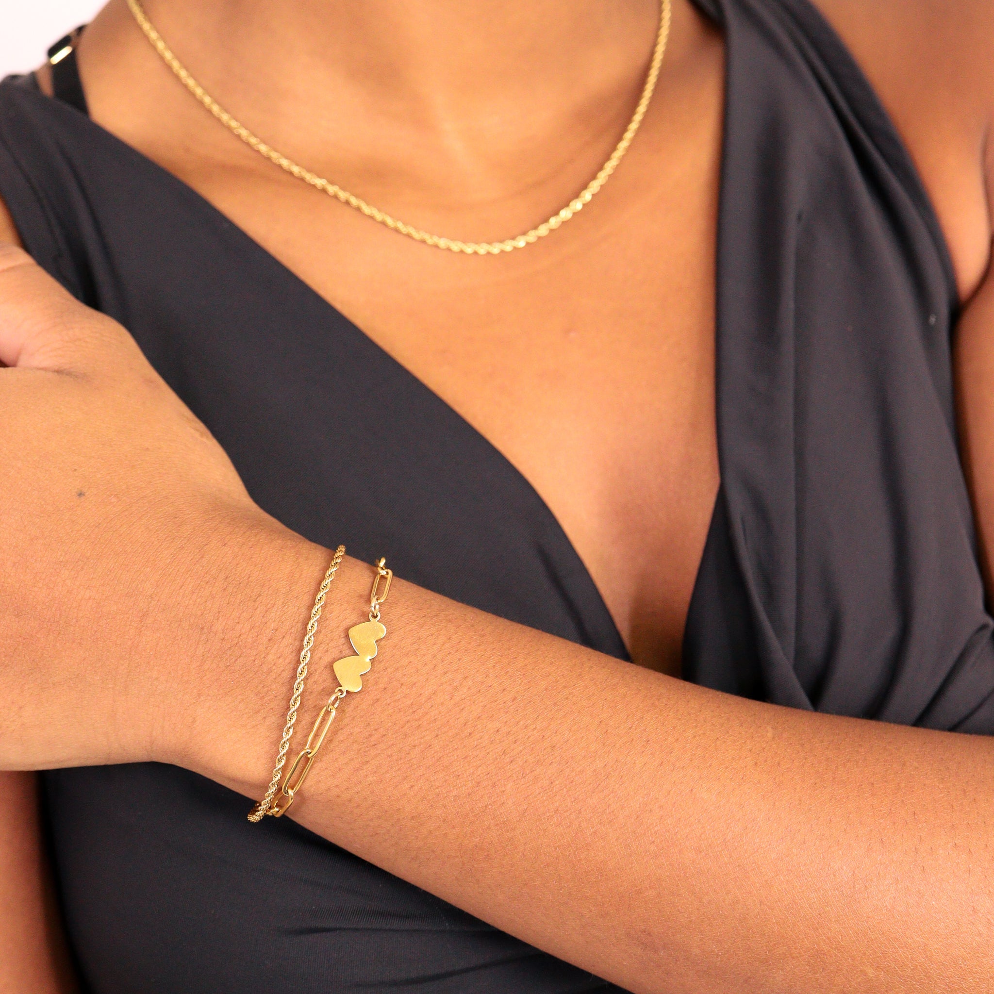 Engraved Heart Bracelet | 18K Gold Over Steel Paperclip Two Heart Chain