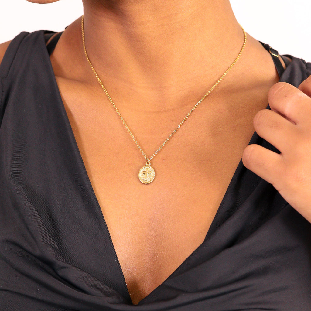 Gold Cross Charm – 18K Gold Plated Textured Medallion Pendant for Faith Jewelry