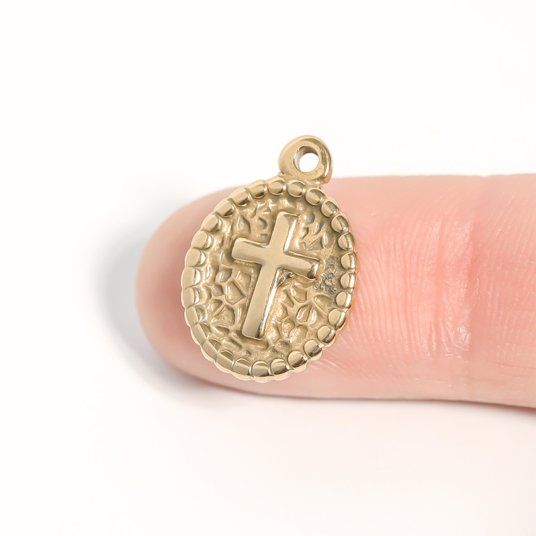 Gold Cross Charm – 18K Gold Plated Textured Medallion Pendant for Faith Jewelry