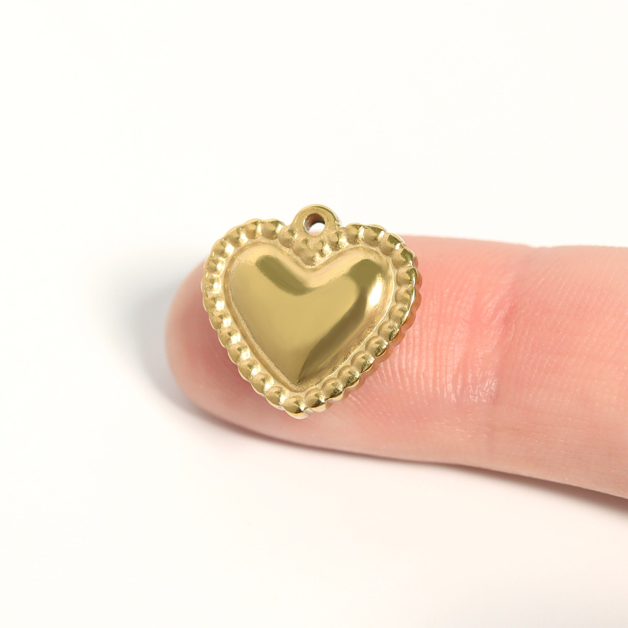 Gold Heart Charm – Beaded Trim Stainless Steel Jewelry Accent Piece for Everyday Wear