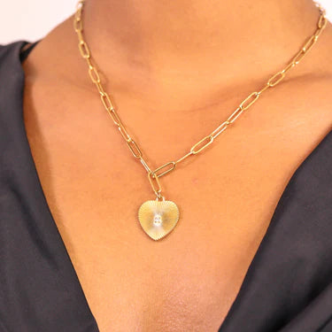 18K Gold PVD Stainless Steel Sunburst CZ Heart Paperclip Pendant Necklace