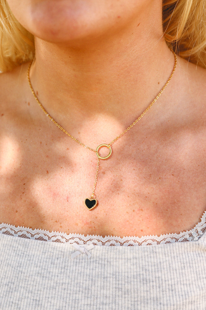 Gold Lariat Necklace with Black heart