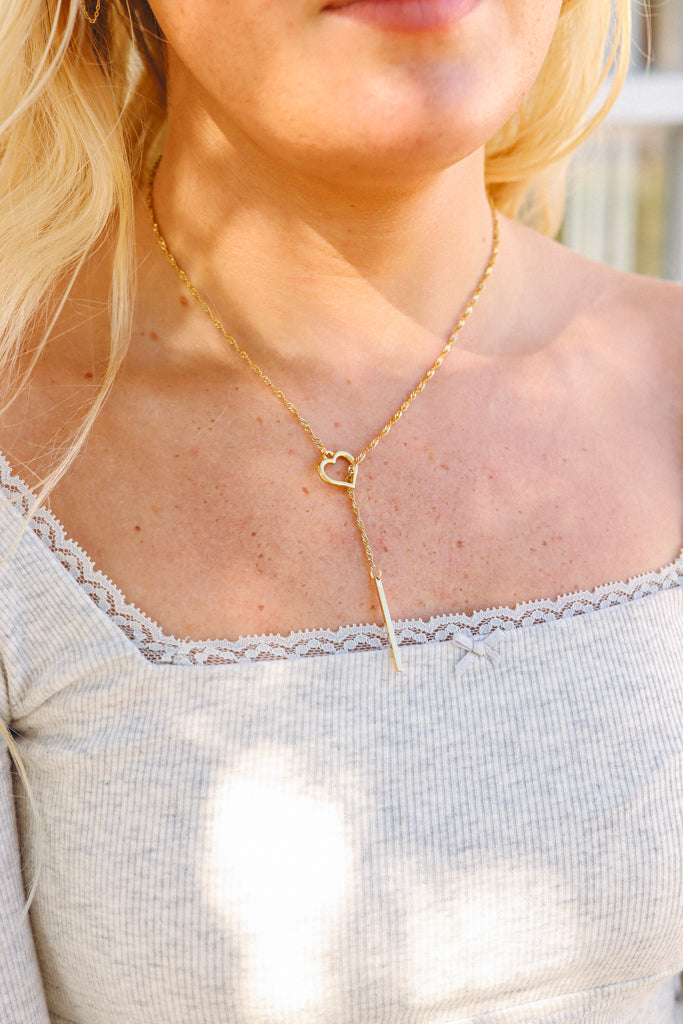 gold Lariat Necklace heart with drop bar