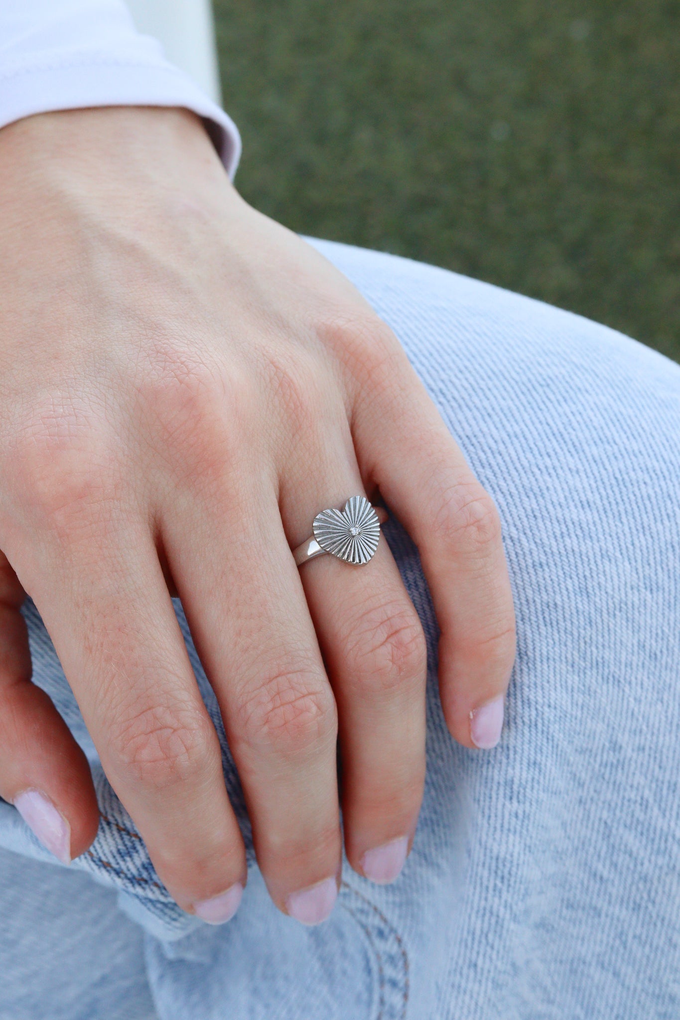 18K Gold PVD Stainless Steel Cubic Zirconia Sunburst Heart Ring