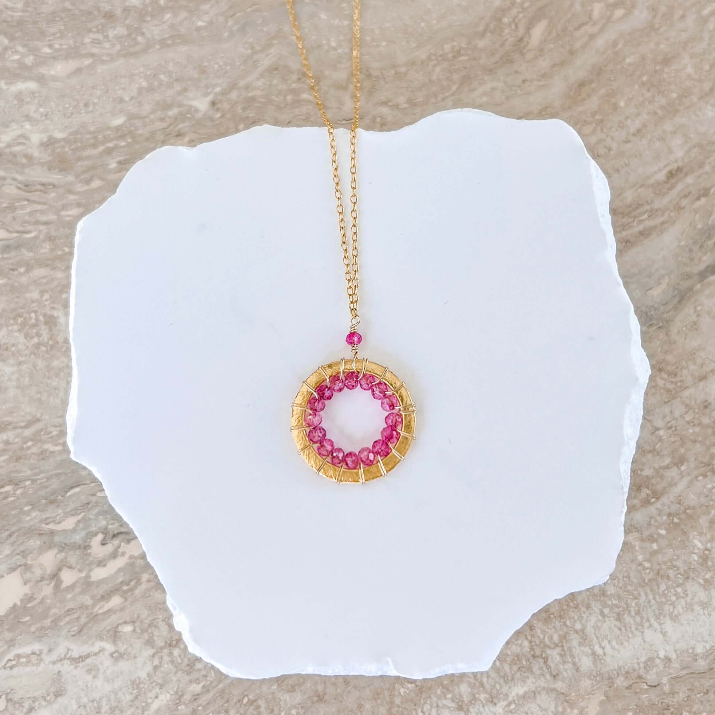 Gold Pendant Necklace – Rose Quartz Mini Halo Pendant with Adjustable Chain