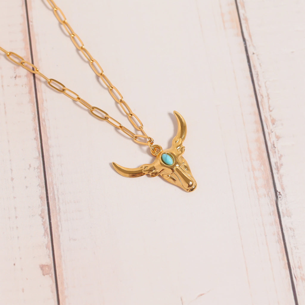 Longhorn Charm 18K Gold Pendant – Hypoallergenic Stainless Steel Turquoise Jewelry