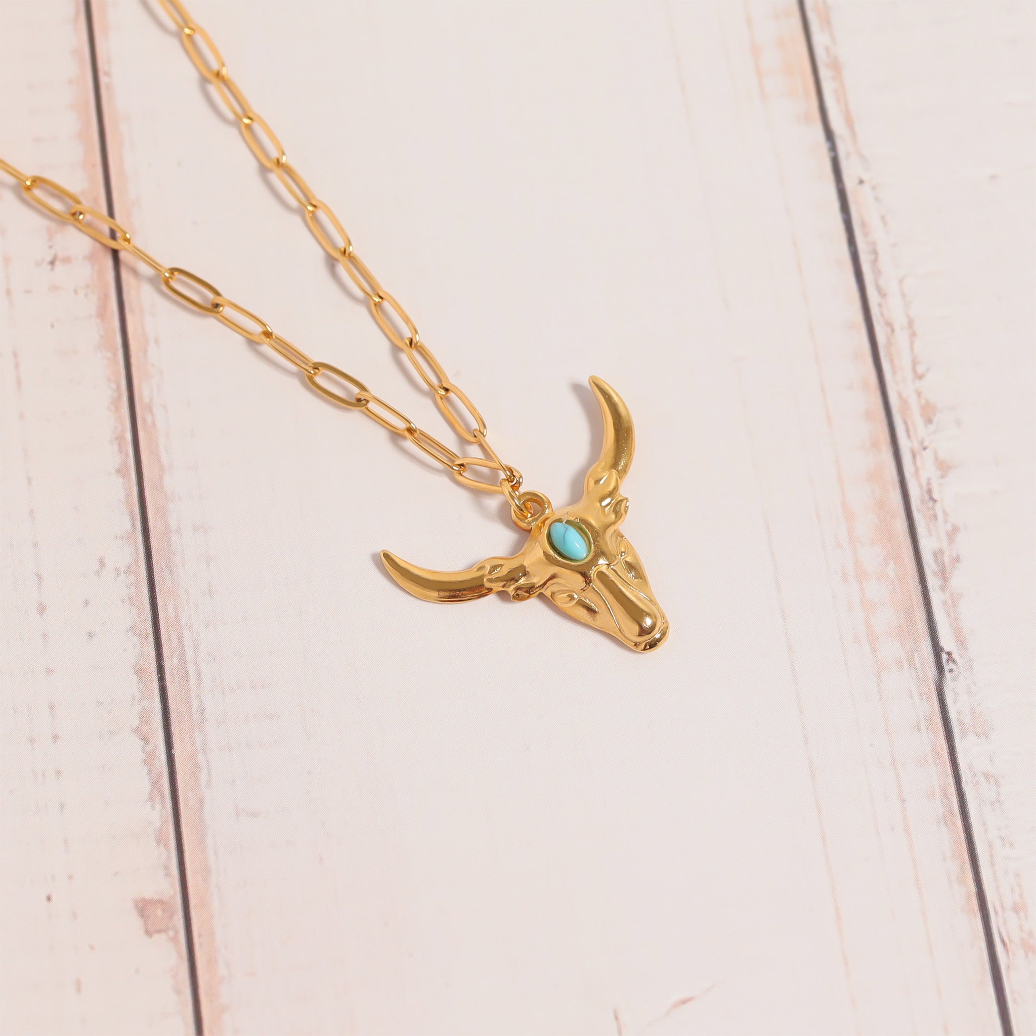 Longhorn Charm 18K Gold Pendant – Hypoallergenic Stainless Steel Turquoise Jewelry