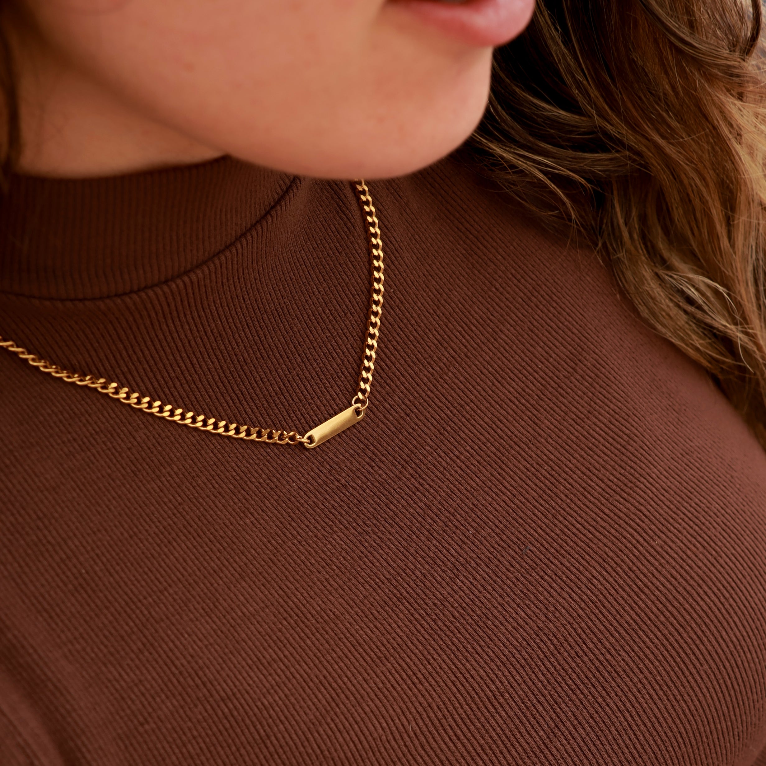 Engraved Gold Curb Necklace – 18K PVD Coated Stainless Steel Adjustable Chain