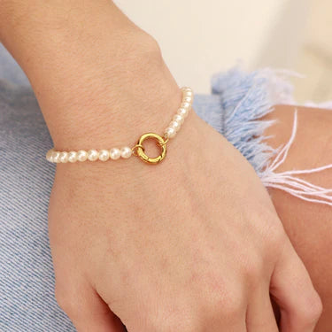 18K Gold PVD Stainless Steel Glass Pearl Charm Keeper Bracelet