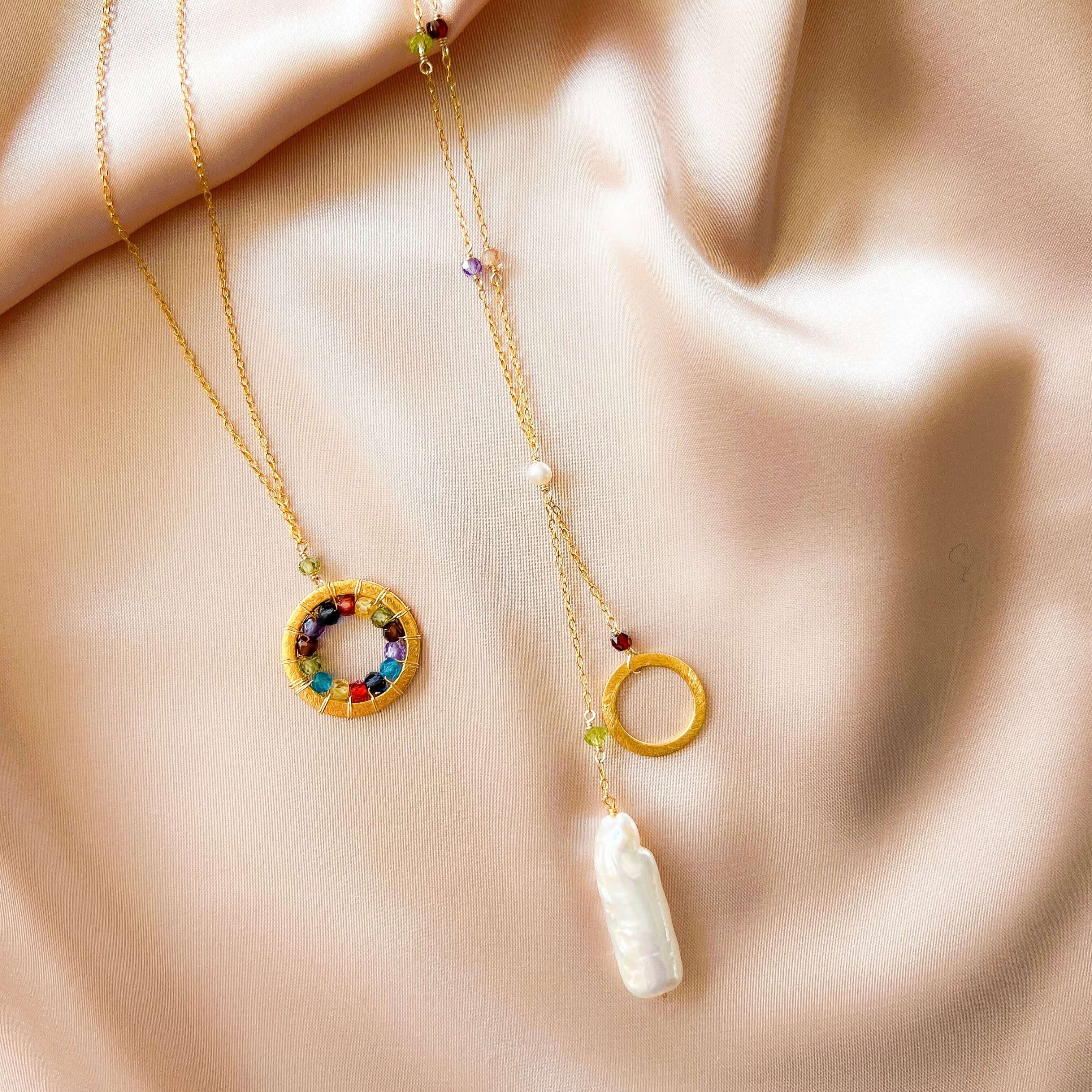 Rainbow Gemstone Halo Mini Gold Pendant