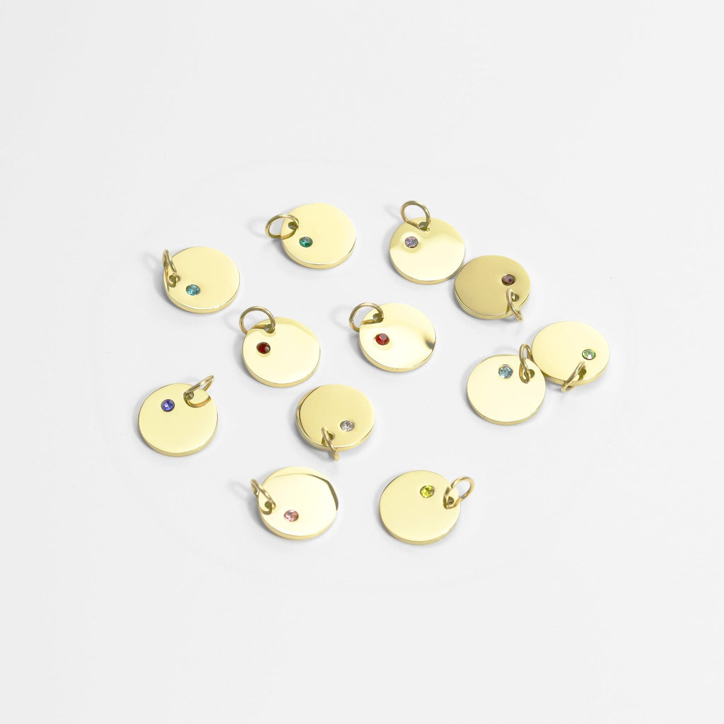 18K Gold Birthstone Charm - Engraved Stainless Steel CZ Pendant, Custom Gold PVD Coated