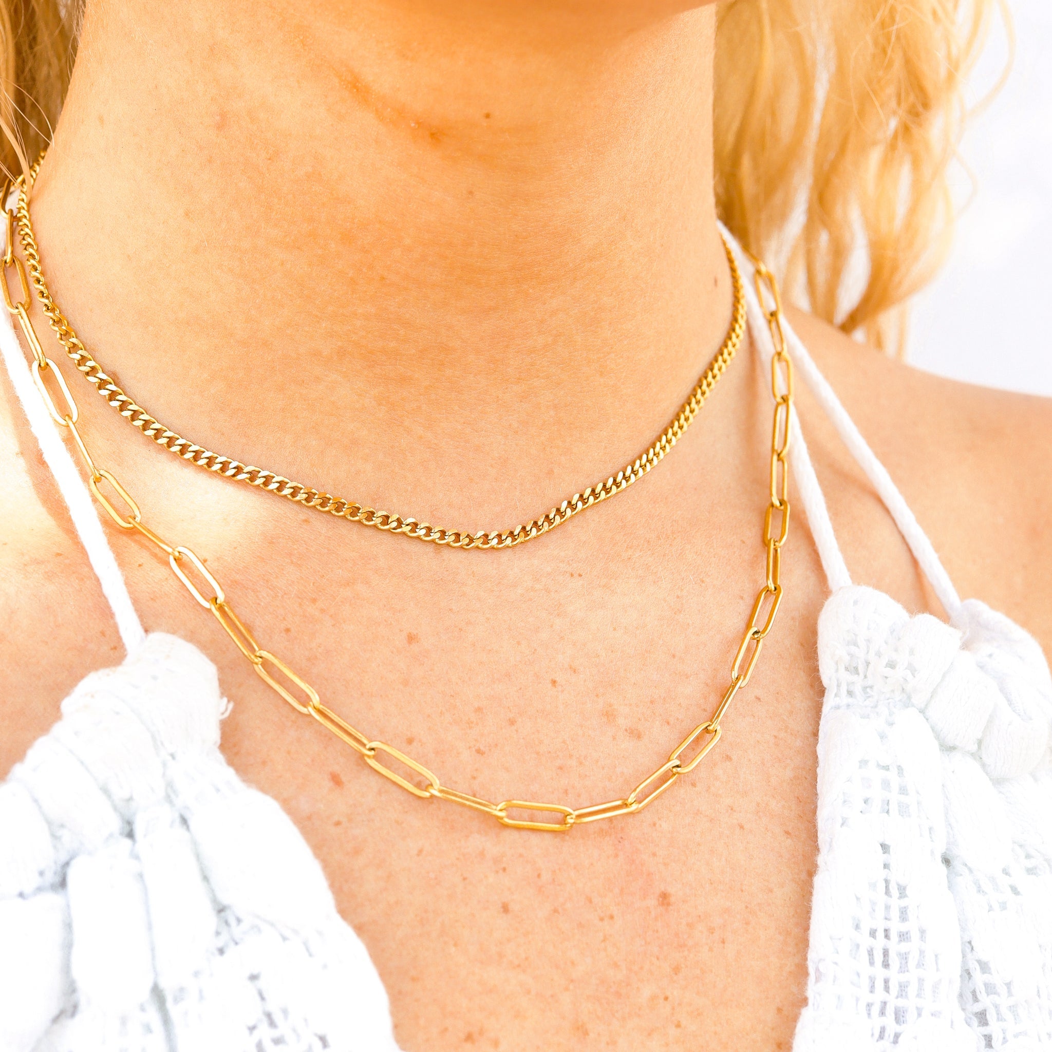 18K Gold Layered Necklace – Paperclip & Curb Chain | Hypoallergenic Stainless Steel