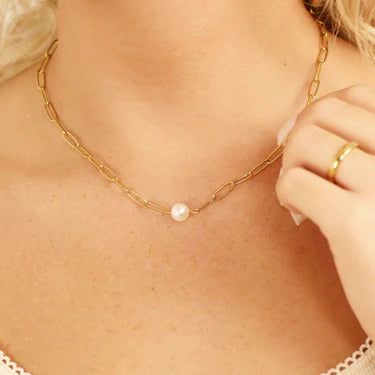 18K Gold PVD Stainless Steel Paperclip Necklace With Pearl