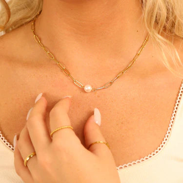 18K Gold PVD Stainless Steel Paperclip Necklace With Pearl