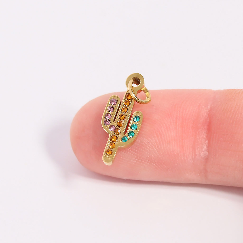Gold Cactus Charm – 18K Gold Pendant With CZ Stone & Stainless Steel Accent