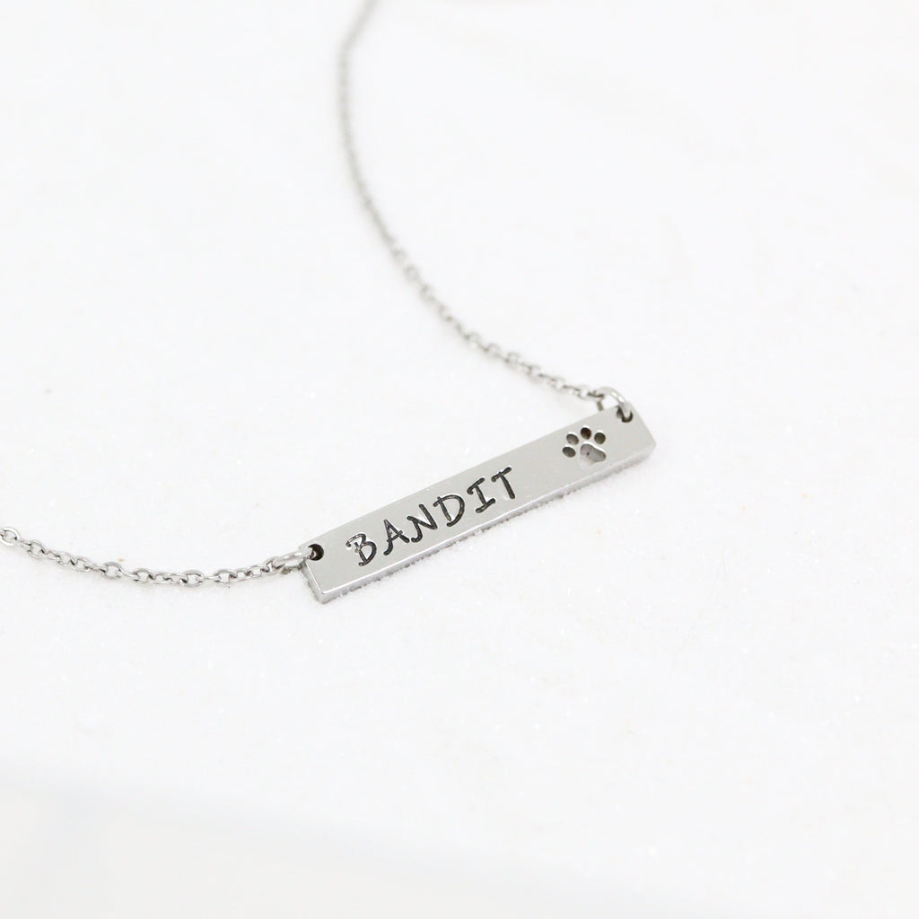 Custom chain necklace with horizontal bar pendant with paw print engraving