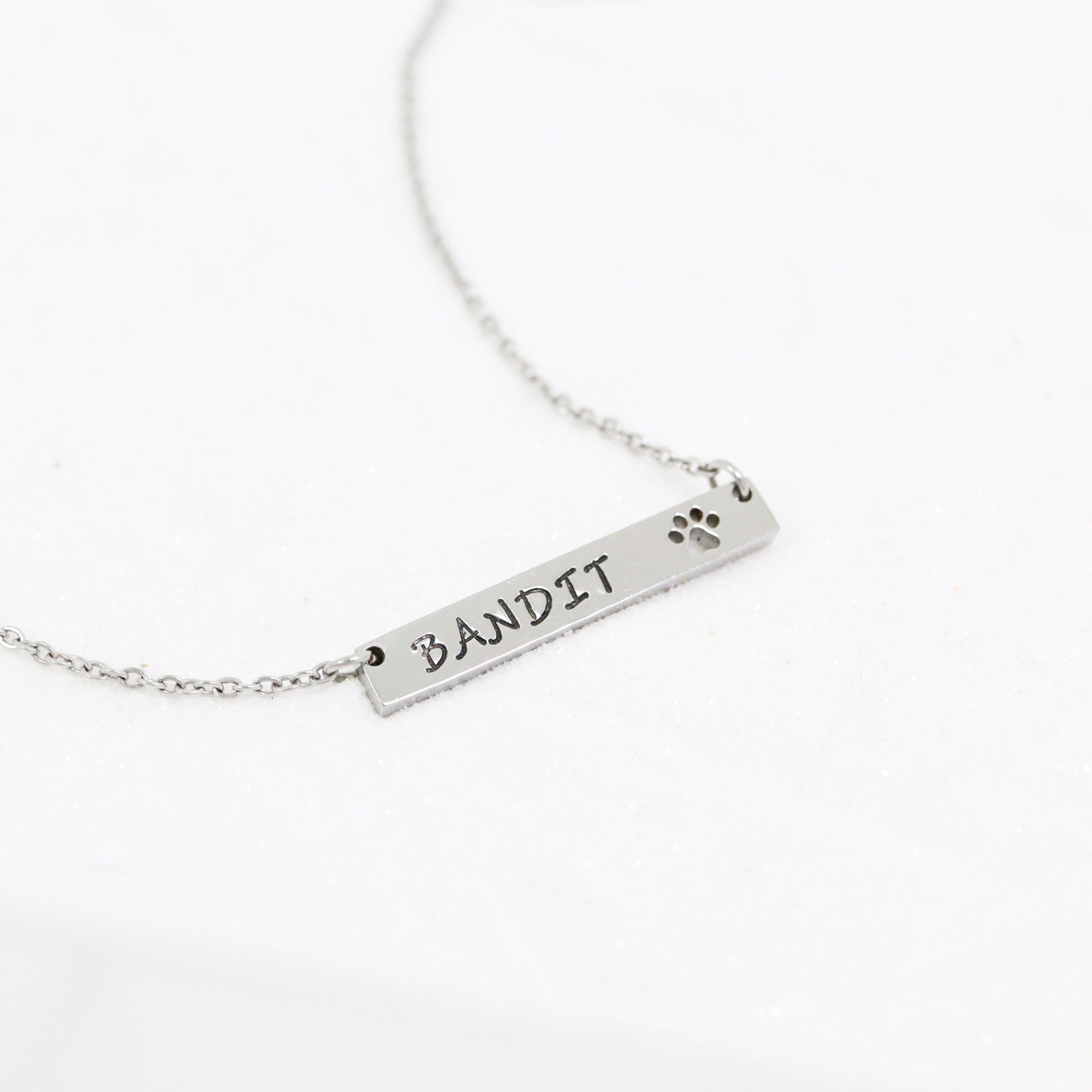 Custom chain necklace with horizontal bar pendant with paw print engraving