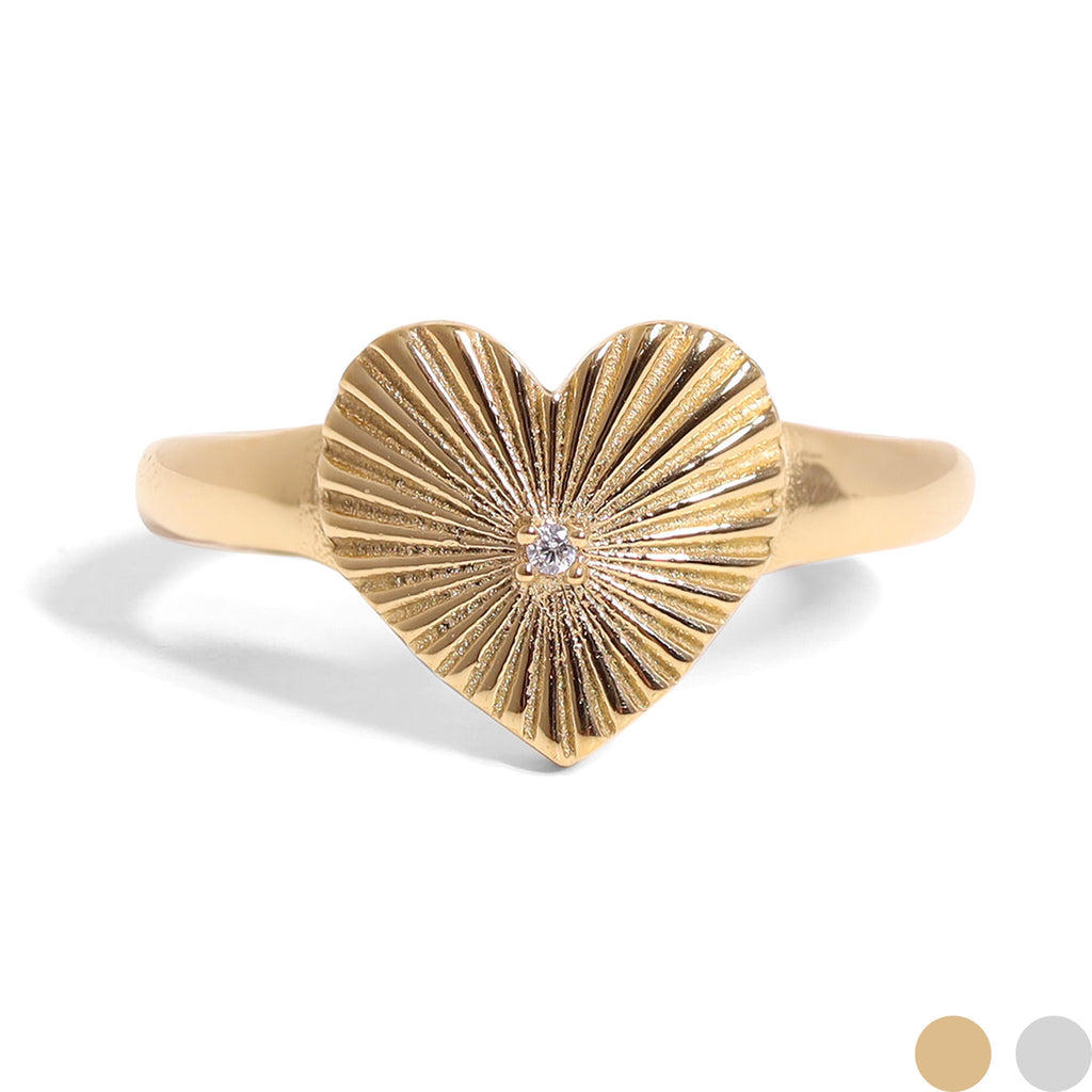18K Gold PVD Stainless Steel Cubic Zirconia Sunburst Heart Ring