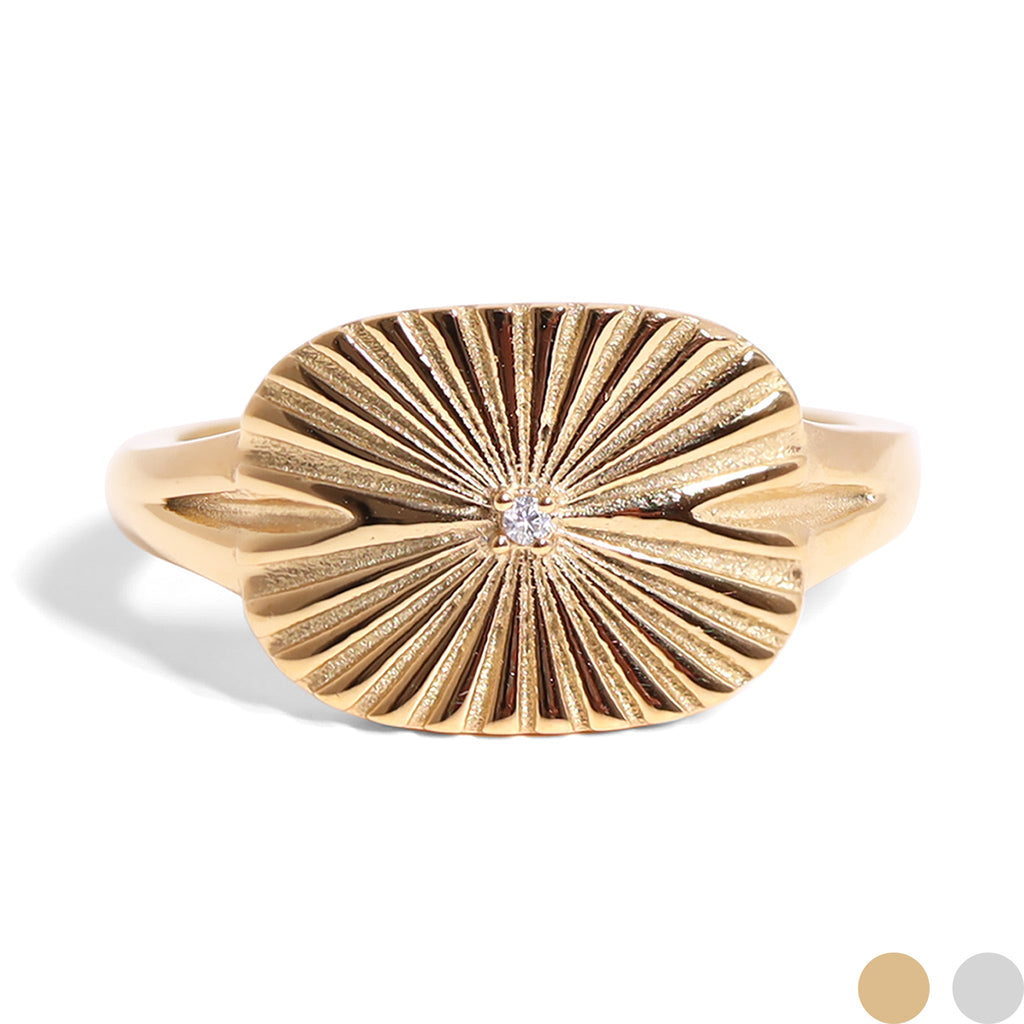 18K Gold PVD Stainless Steel Cubic Zirconia Sunburst Rectangle Ring