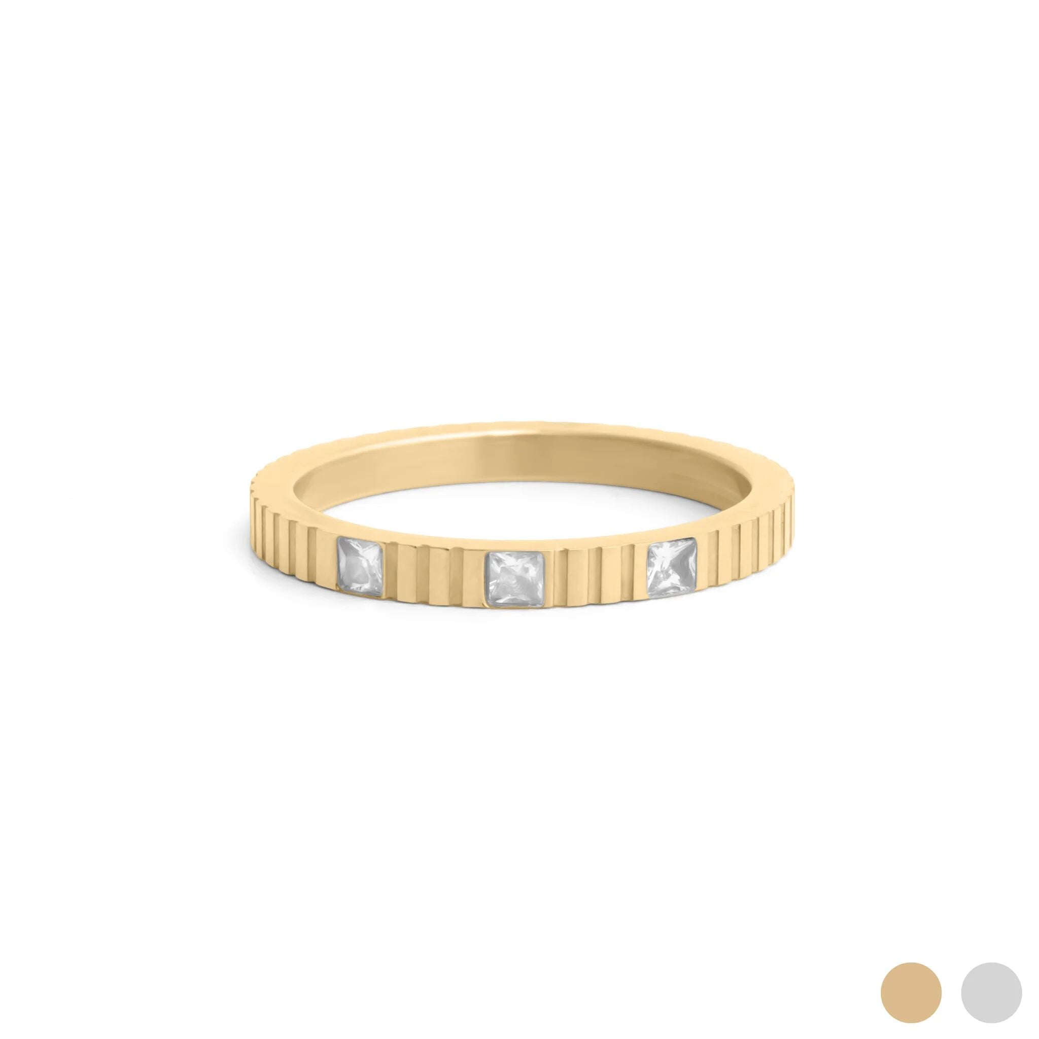 18K Gold Stacking Ring – Triple Stone Stainless Steel Fluted Band, Tarnish Resistant