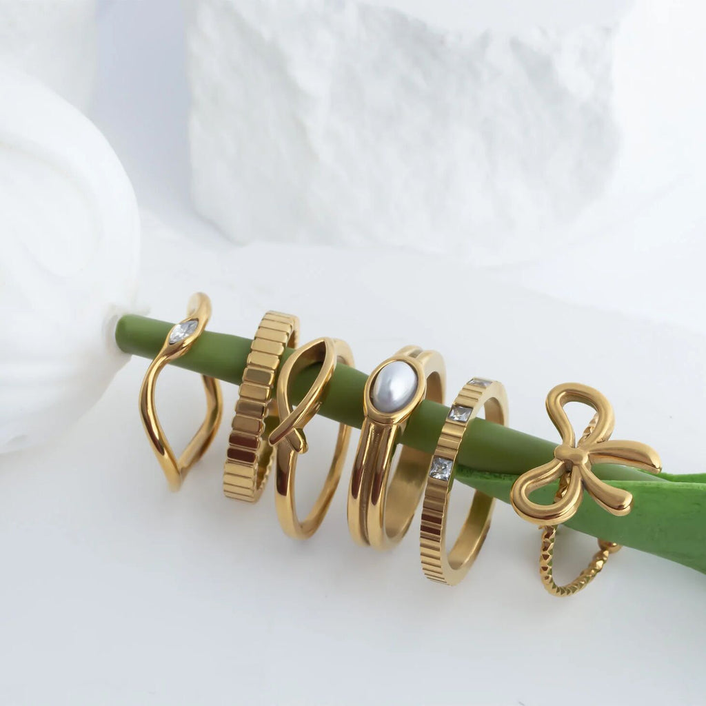 Gold Pearl Statement Ring - 18K Gold Stainless Steel Double Band With Pearl Accent