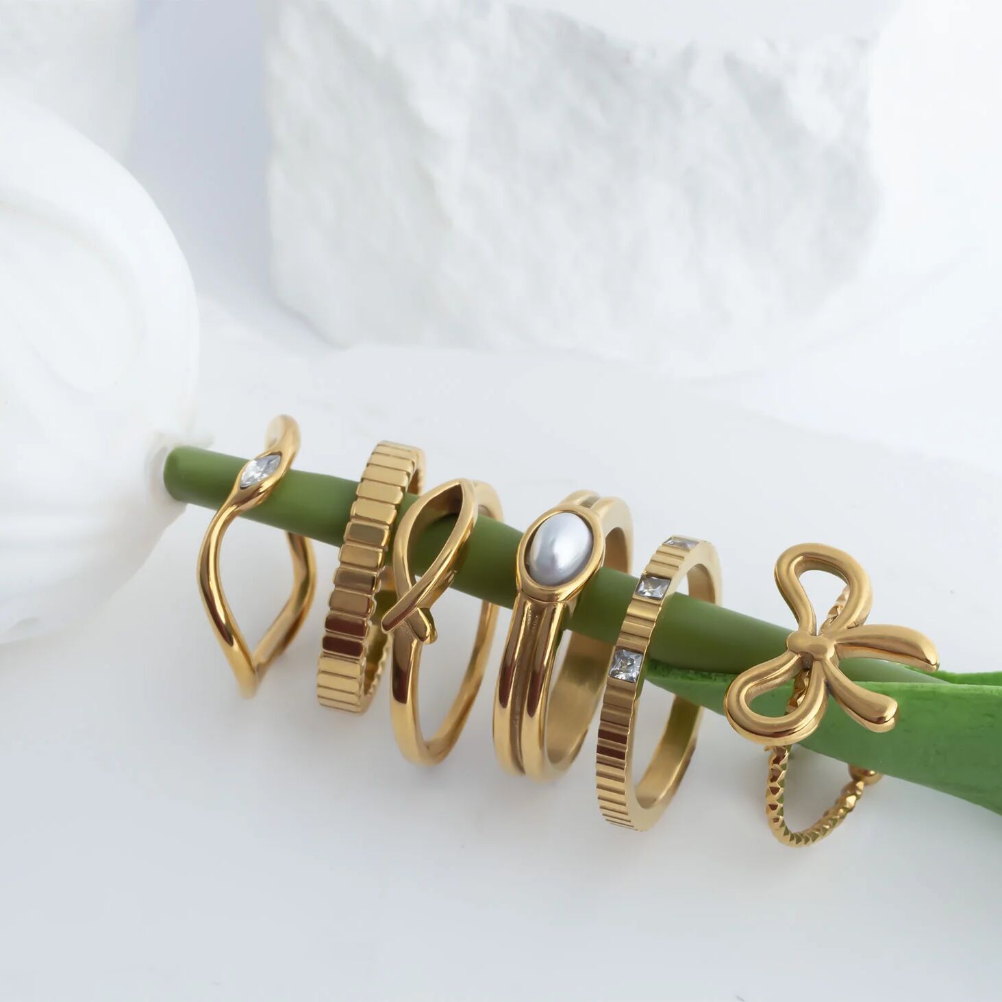 Gold Pearl Statement Ring - 18K Gold Stainless Steel Double Band With Pearl Accent