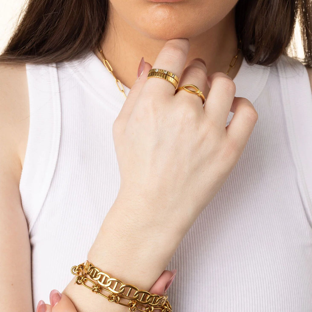 18K Gold Stacking Ring – Triple Stone Stainless Steel Fluted Band, Tarnish Resistant