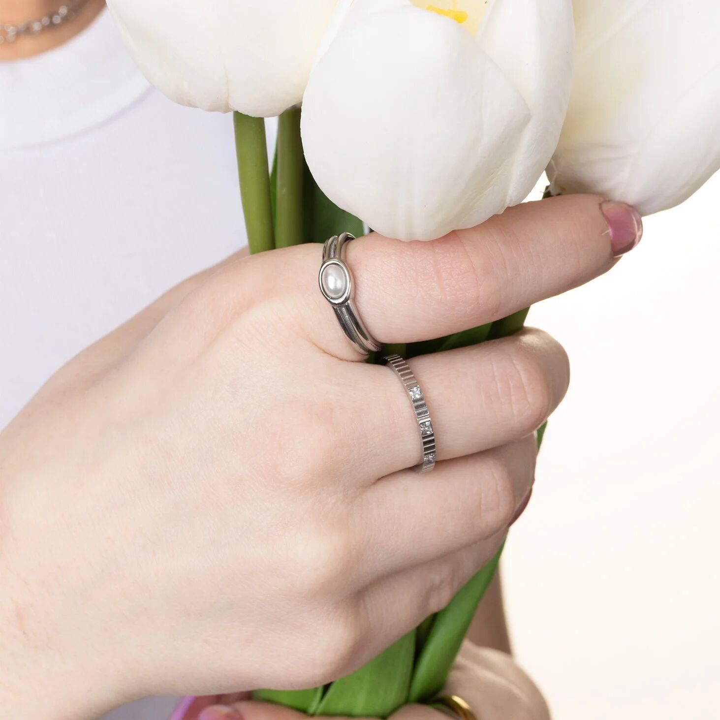 Gold Pearl Statement Ring - 18K Gold Stainless Steel Double Band With Pearl Accent