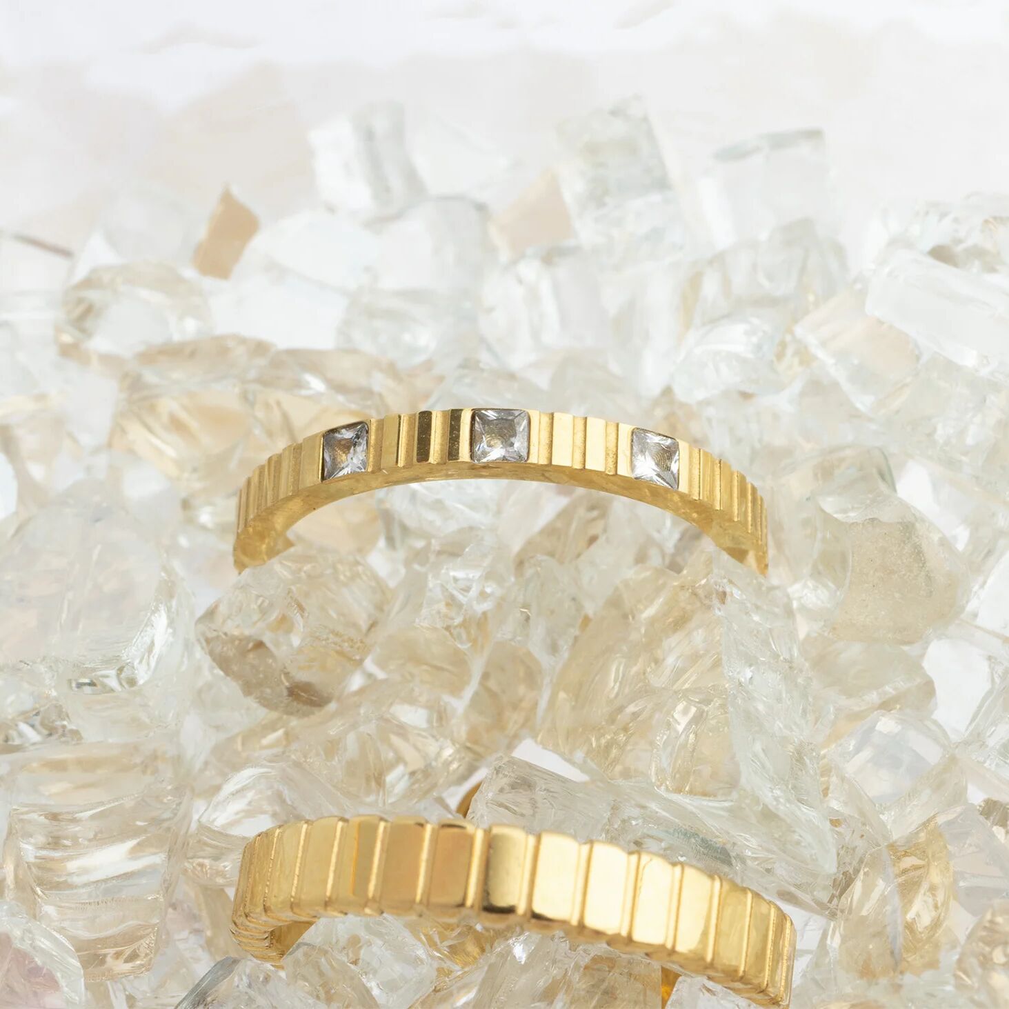 18K Gold Stacking Ring – Fluted Stainless Steel Textured Band, Scratch Resistant