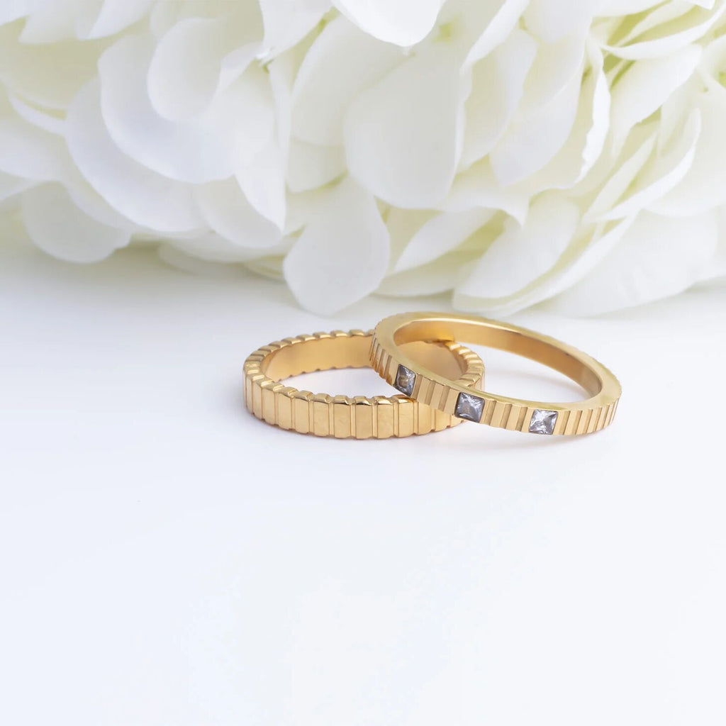 18K Gold Stacking Ring – Fluted Stainless Steel Textured Band, Scratch Resistant