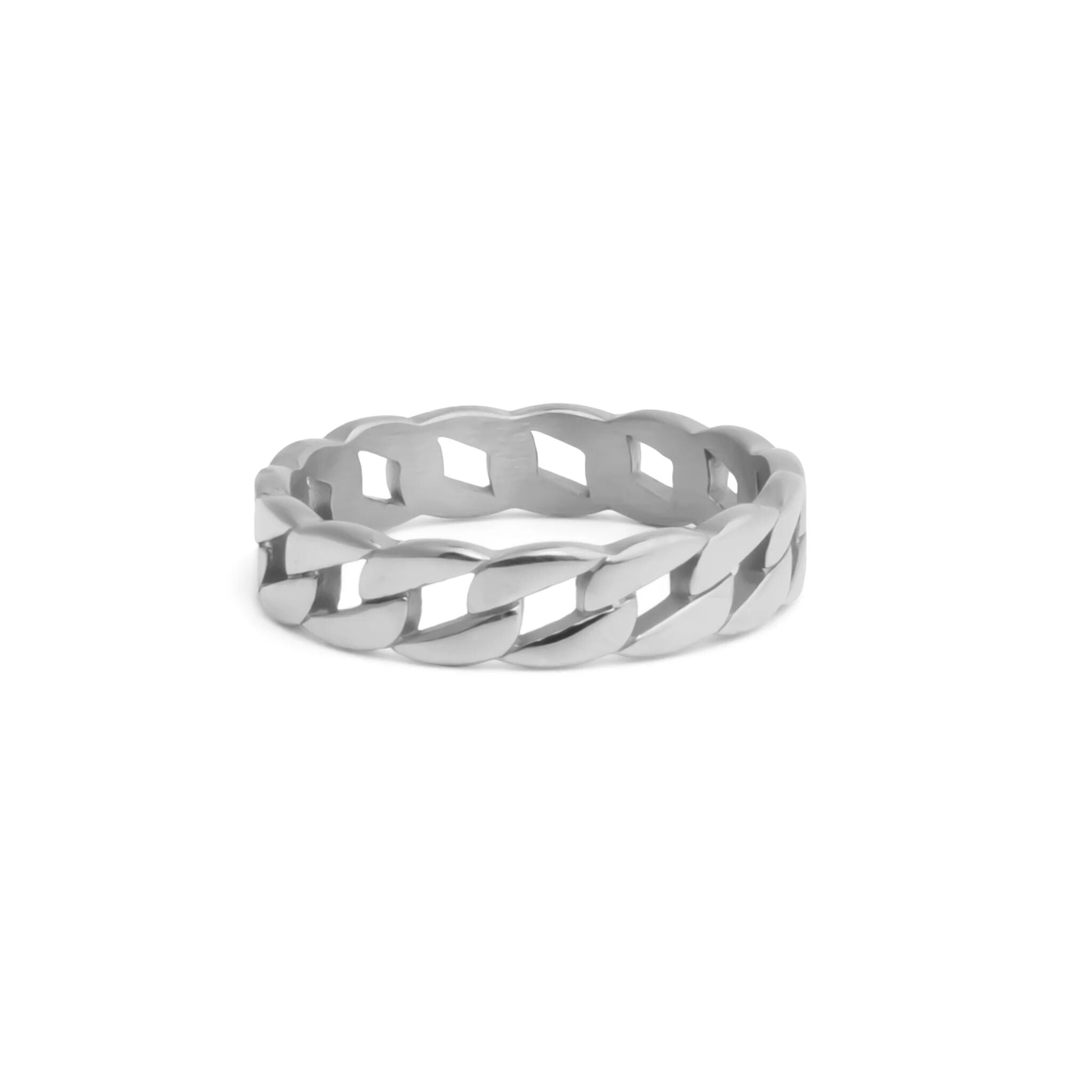 Silver Curb Chain Stacking Ring with a braided design on a white background