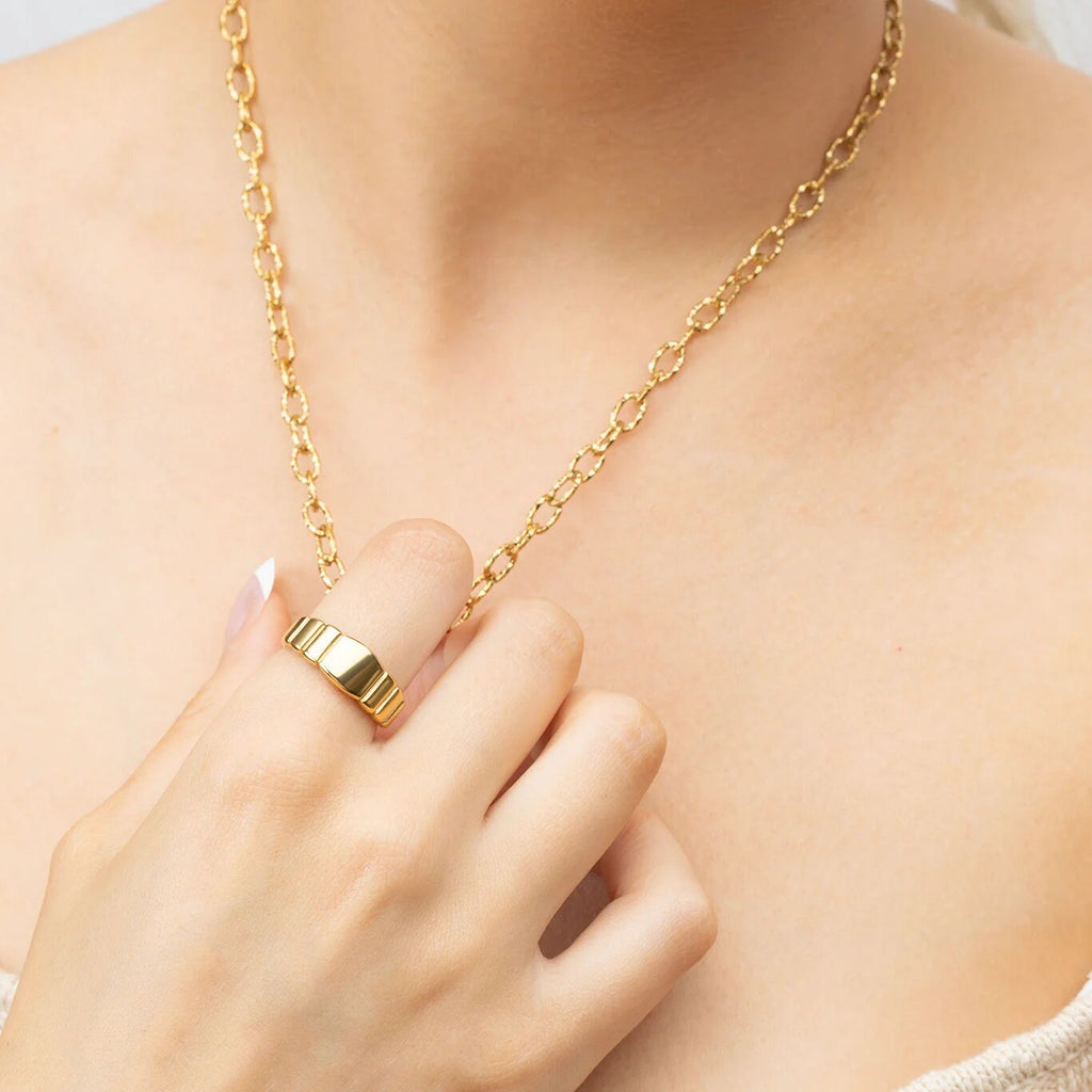 Gold Ridged Band Signet Ring