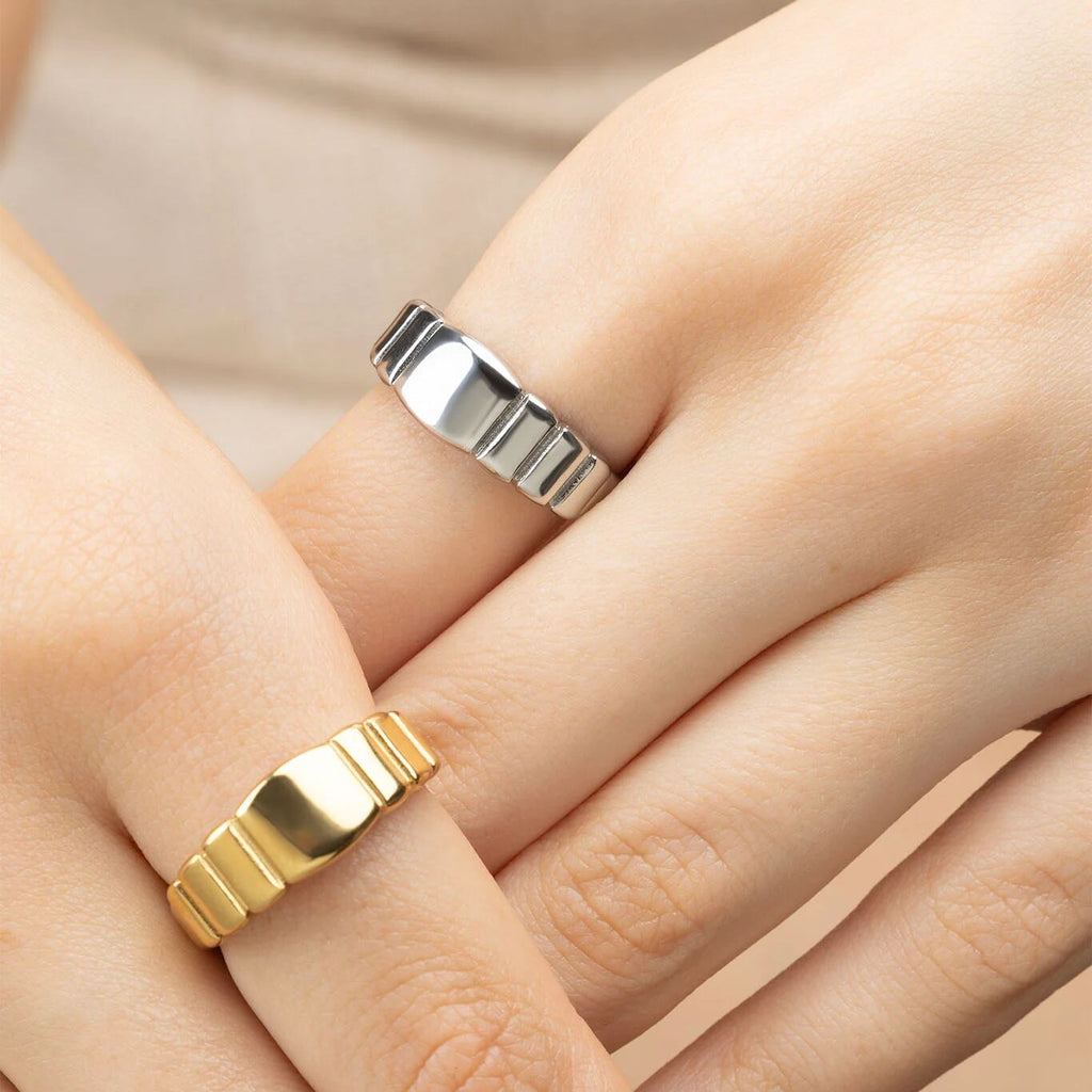 Gold and Silver Ridged Band Signet Rings