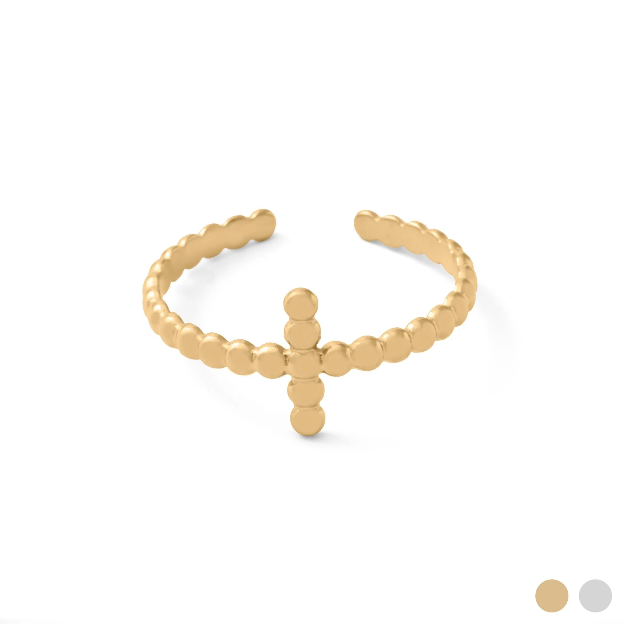 18K Gold PVD Stainless Steel Beaded Cross Adjustable Ring- gold main