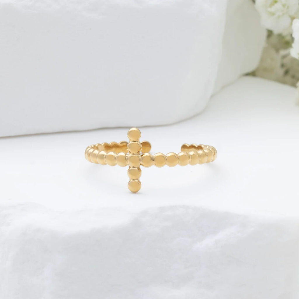 18K Gold PVD Stainless Steel Beaded Cross Adjustable Ring- gold studio