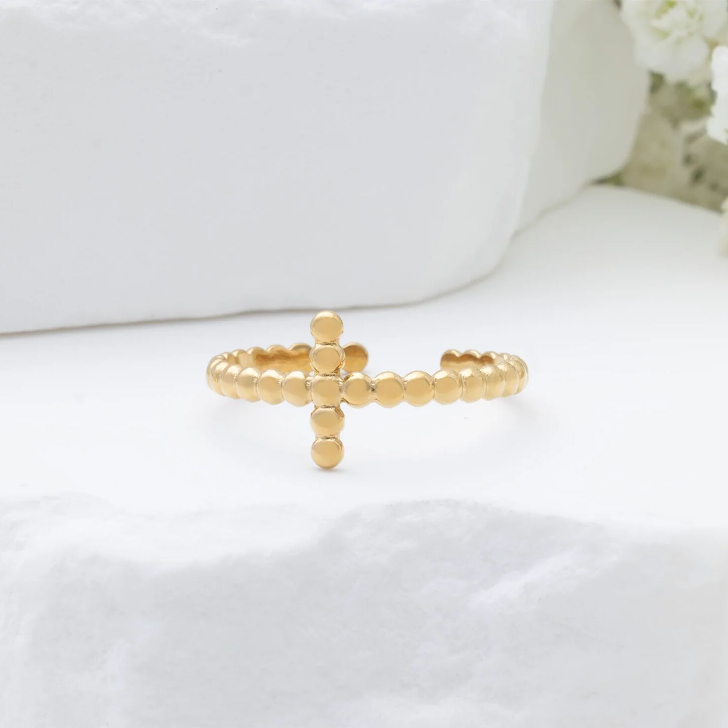18K Gold PVD Stainless Steel Beaded Cross Adjustable Ring- gold studio