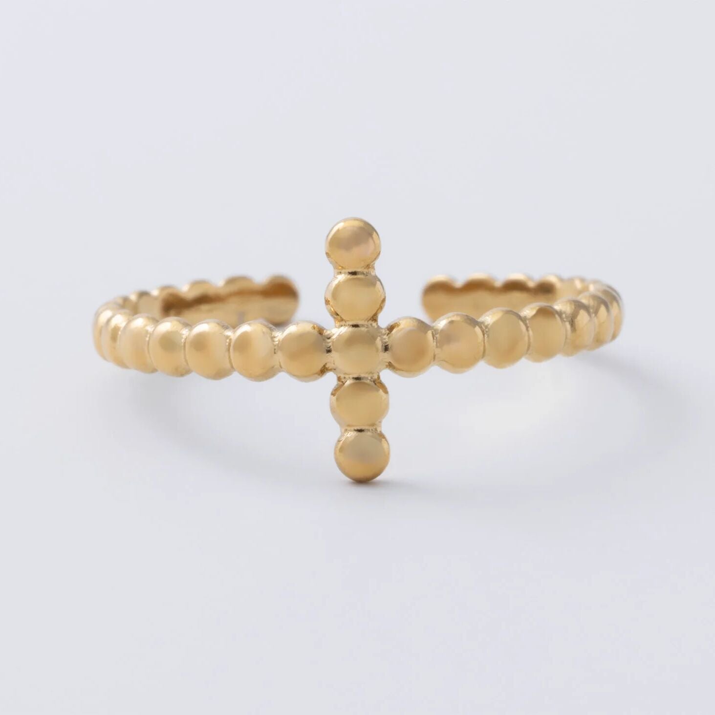 18K Gold PVD Stainless Steel Beaded Cross Adjustable Ring- gold studio