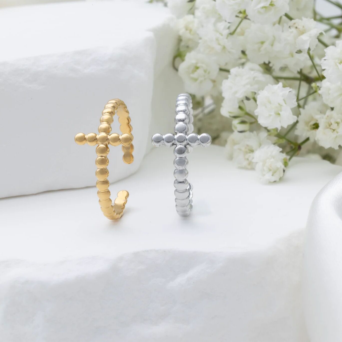 18K Gold PVD Stainless Steel Beaded Cross Adjustable Ring- gold and silver studio