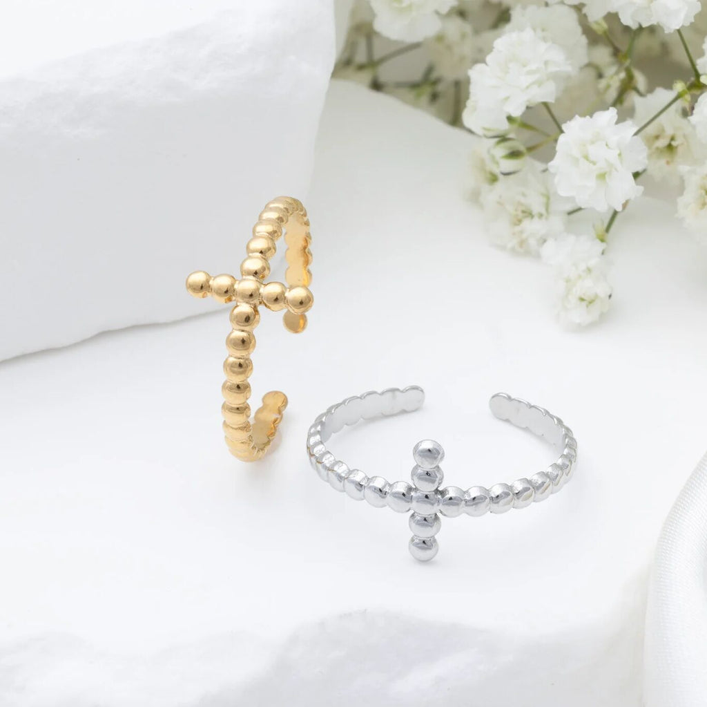 18K Gold PVD Stainless Steel Beaded Cross Adjustable Ring- gold and silver studio