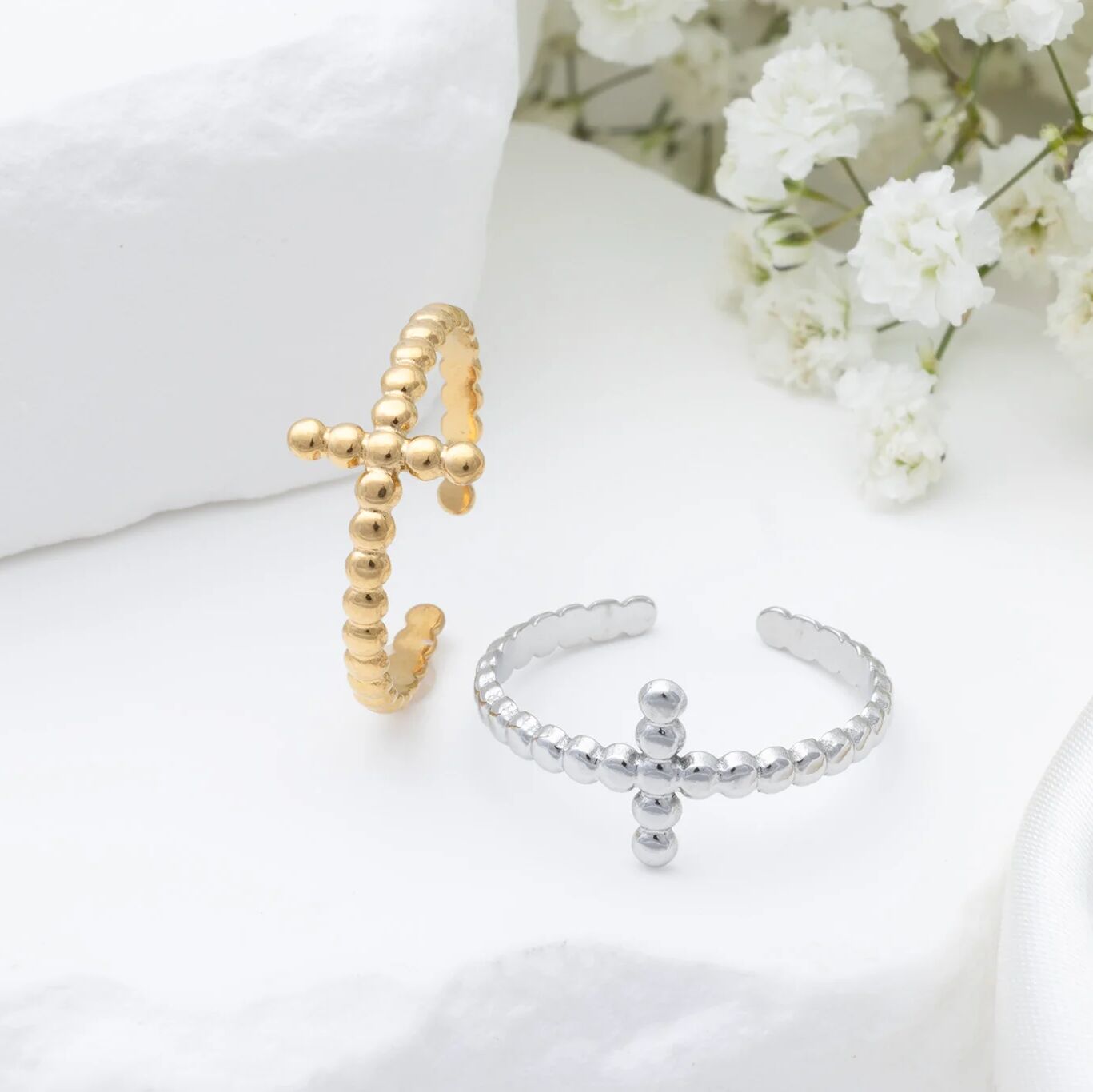 18K Gold PVD Stainless Steel Beaded Cross Adjustable Ring- gold and silver studio