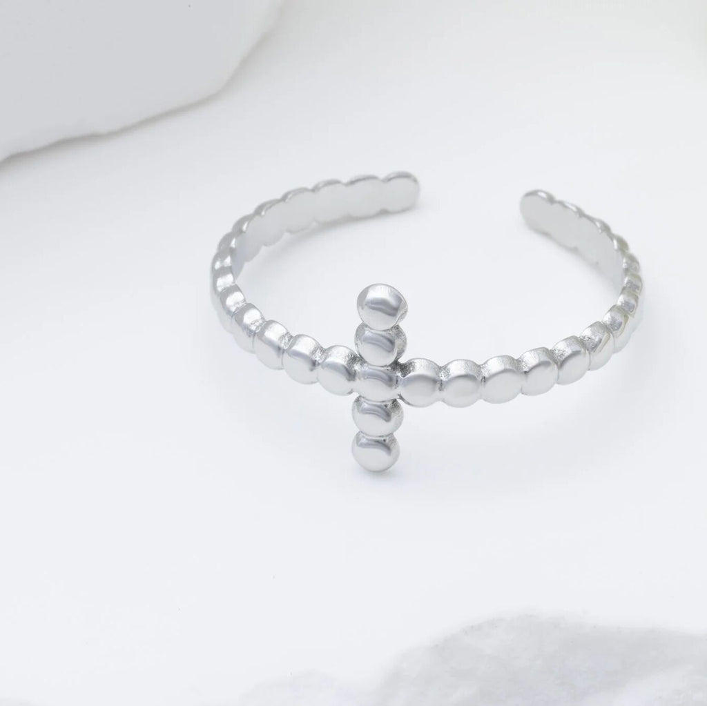18K Gold PVD Stainless Steel Beaded Cross Adjustable Ring- silver studio