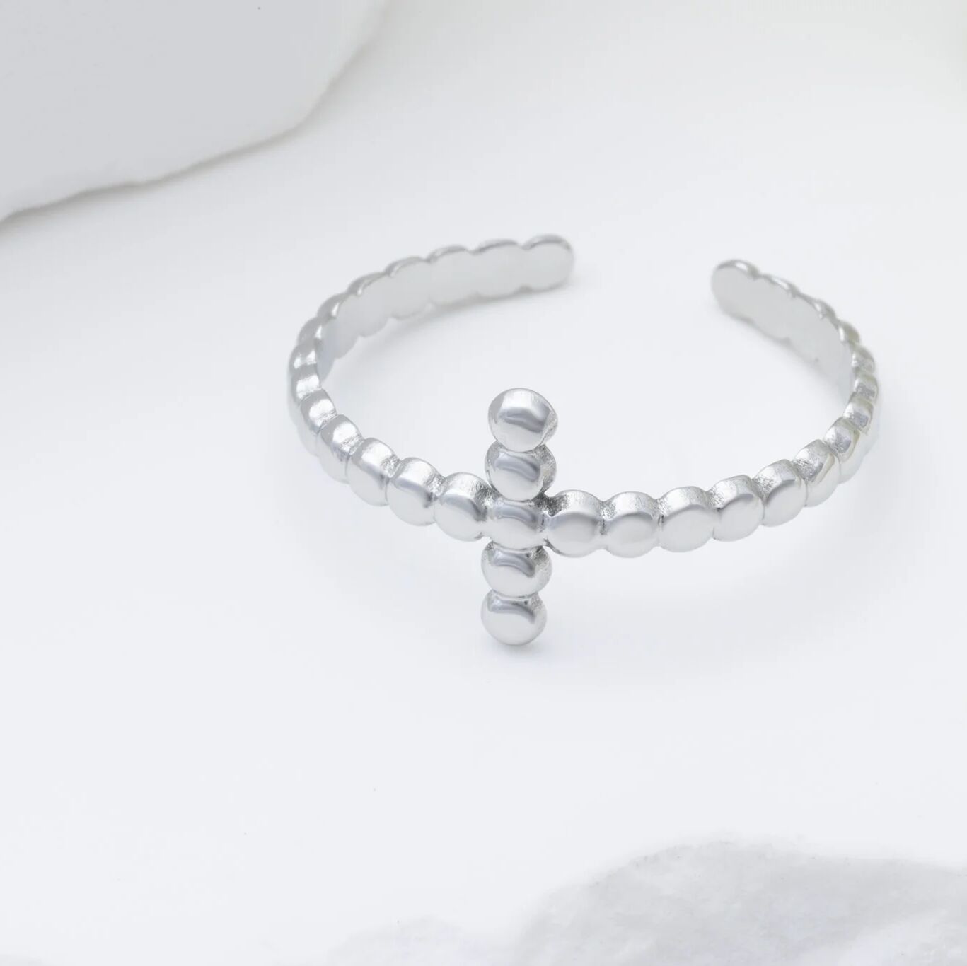 18K Gold PVD Stainless Steel Beaded Cross Adjustable Ring- silver studio