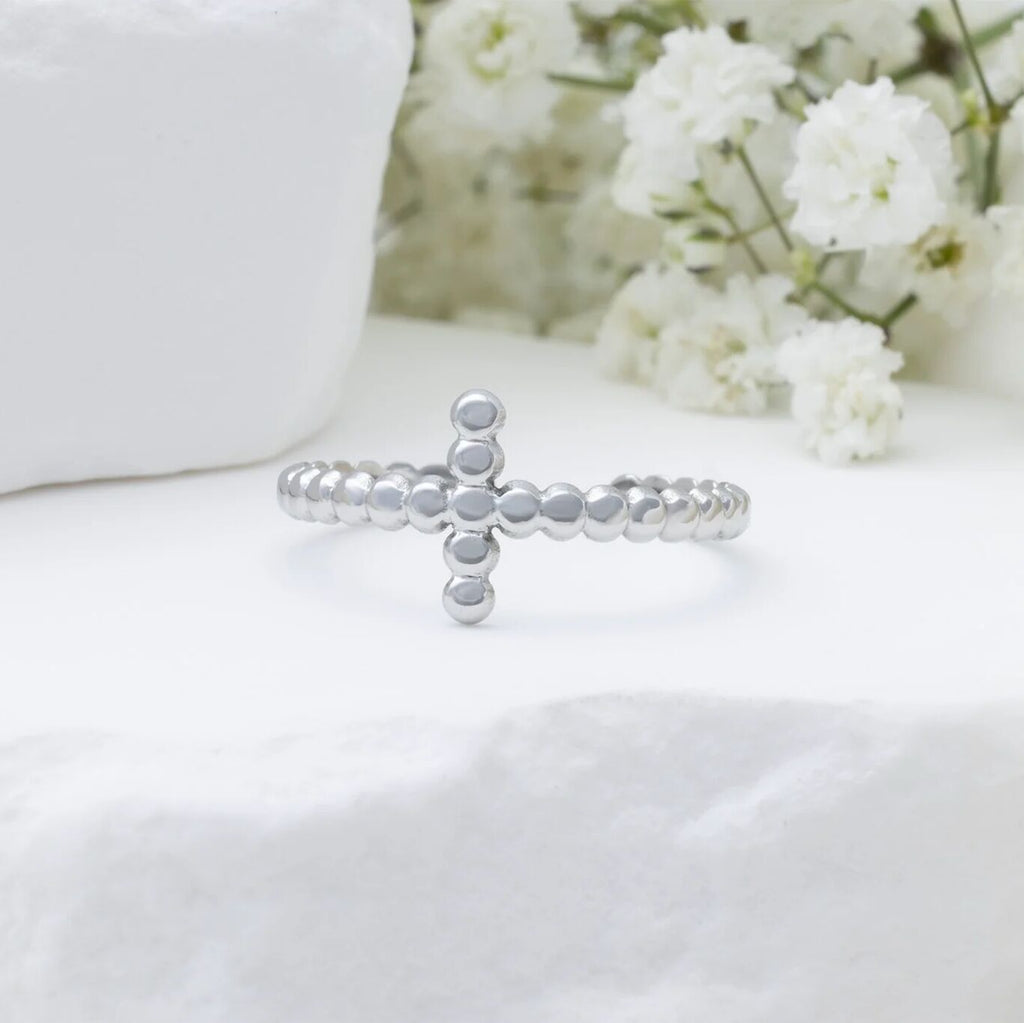 18K Gold PVD Stainless Steel Beaded Cross Adjustable Ring- silver studio