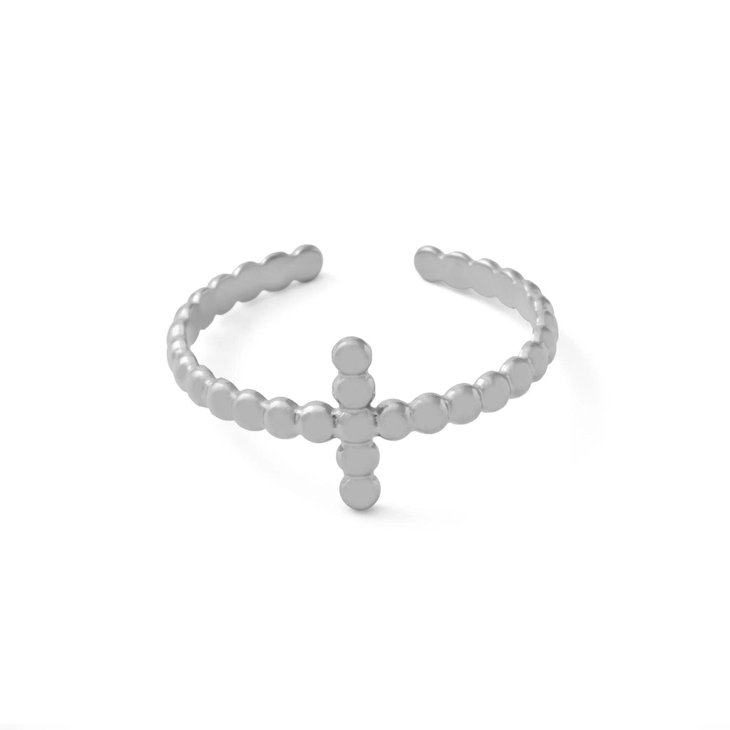 18K Gold PVD Stainless Steel Beaded Cross Adjustable Ring- silver main