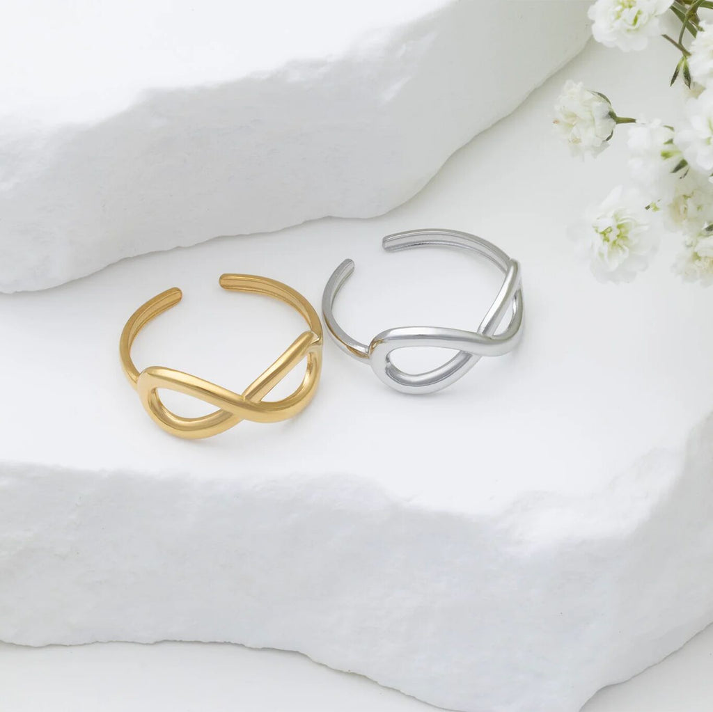 18K Gold PVD Stainless Steel Infinity Symbol Adjustable Ring- gold and silver studio