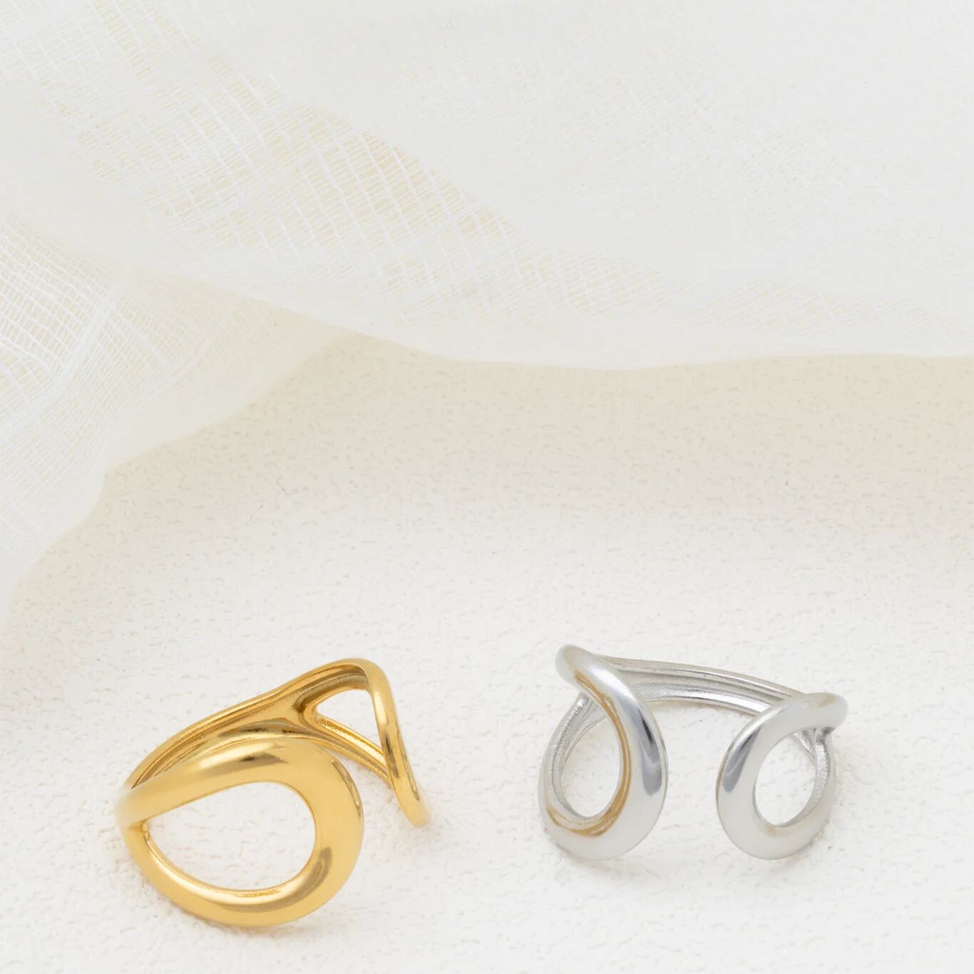 18K Gold PVD Stainless Steel Crescent Cuff Adjustable Ring - gold and silver studio