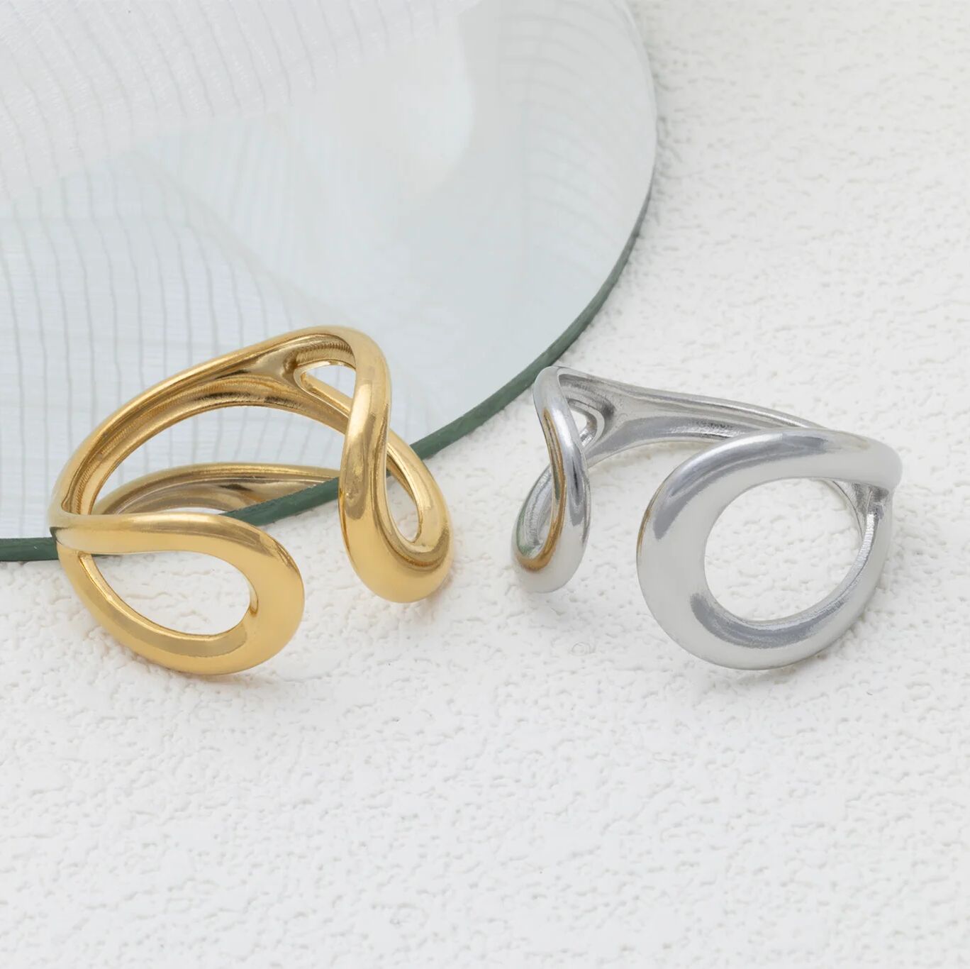 18K Gold PVD Stainless Steel Crescent Cuff Adjustable Ring - gold and silver studio